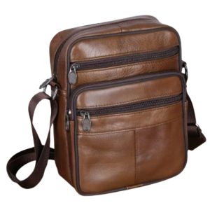 (1) Brown Leather Man Bag (Large) Front View