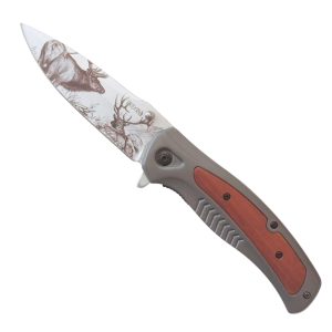 (2) Medium SOG Red Wood with printed blade (Folding Knife) Front View
