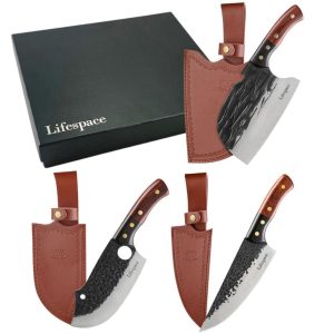 Lifespace Premium Chef Cleaver Knife Set x3 with Genuine Leather Sheaths in a Gift Box