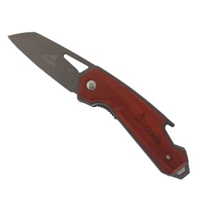 Gerber red wood medium folding knife with glass breaker & bottle opener