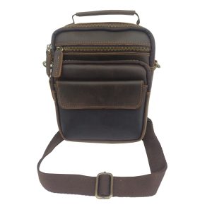 Dark brown leather man bag with bottom clip and handle