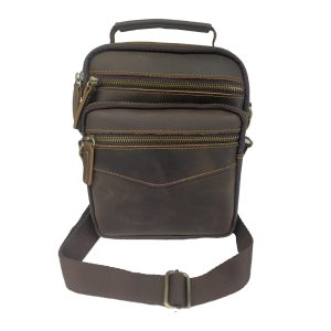 Dark brown leather man bag with handle